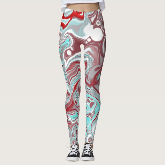 Leggings Marbre turquoise et Bourgogne Digital Fluid Art (Devant)