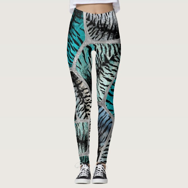 Leggings Marbres Bleues Argent Tiger Faux Cellules à fourru (Devant)