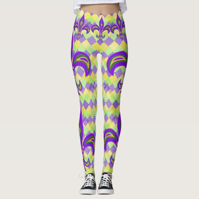 Leggings Mardi Gras Arlequin Motif et Fleur de Lis (Devant)