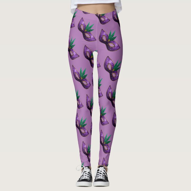 Leggings Mardi Gras Masque violet motif étincelant lavande (Devant)