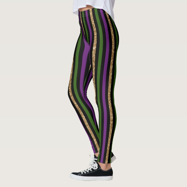 Leggings Mardi Gras Motif Rayure Verticale Violet Vert (Gauche)
