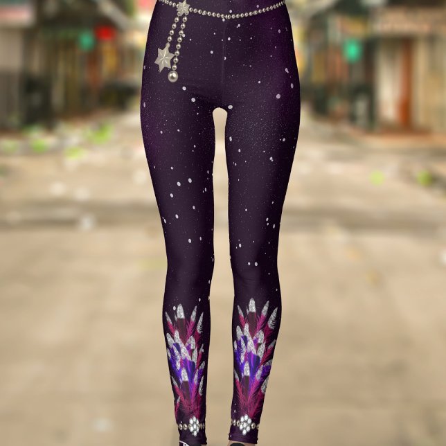 Leggings Mardi Gras Purple Parties scintillant Plumes Pende (Have fun at the Mardi Gras Carnival in a pair of these faux feather pendant leggings!)