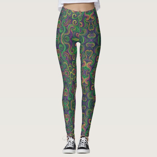 Leggings Mardi Gras vert violet tourbillonne abstrait (Devant)