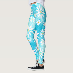 Leggings marguerites blanches motif bleu dégradé blocs