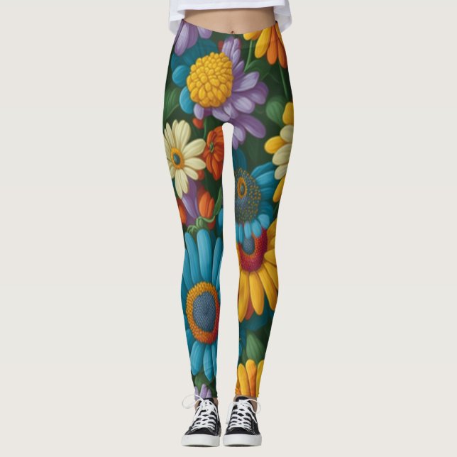 Leggings Marguerites colorées de style les années 70 rétro (Devant)