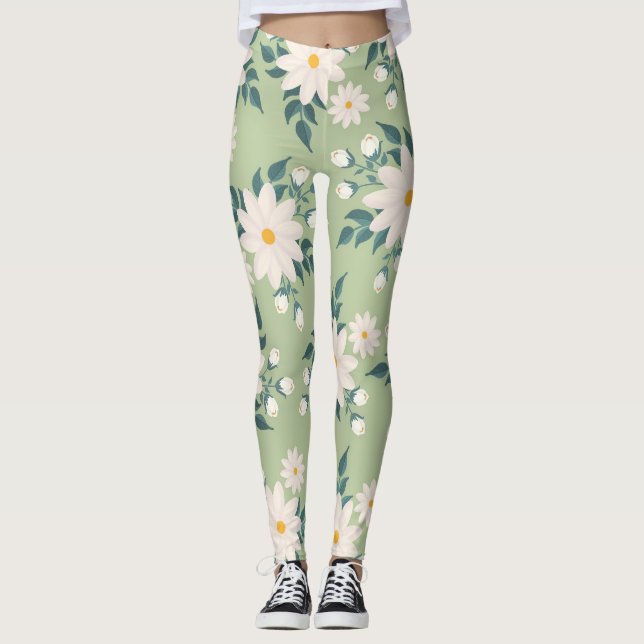Leggings Marguerites sur l'Arrière - plan vert Pastel (Devant)