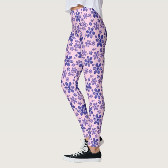 Leggings Marguerites violettes avec fond rose (Gauche)