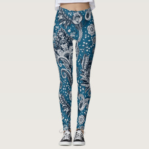 Leggings Marine bleu et blanc Floral Paisley Bohemian Boho