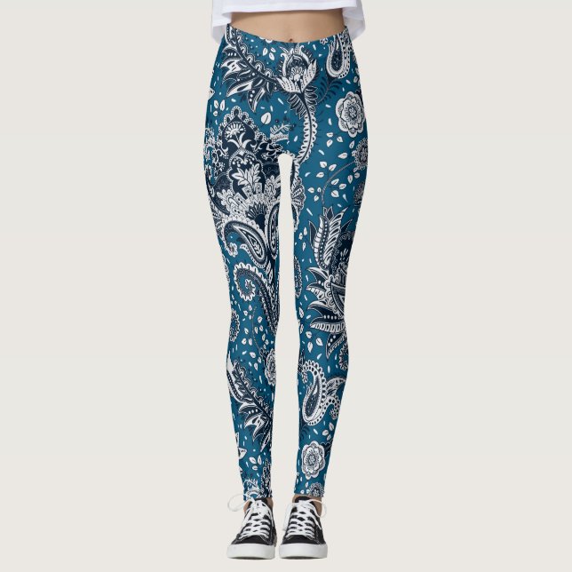 Leggings Marine bleu et blanc Floral Paisley Bohemian Boho (Devant)