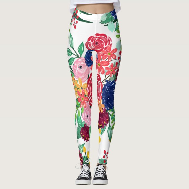 Leggings Marine bleu et rouge aquarelle boho chic Fleurs (Devant)