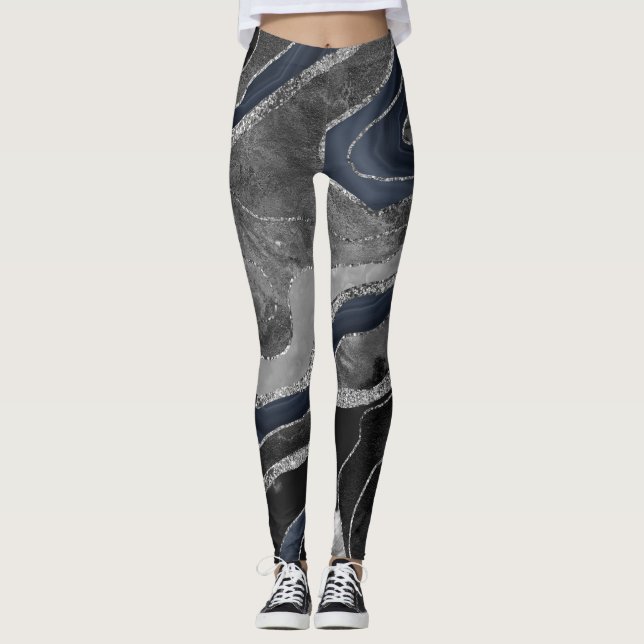 Leggings Marine Marbre noir Agate Parties scintillant argen (Devant)
