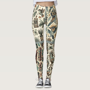 Leggings Masques et oiseaux Tiki tropicaux vintage gris ver