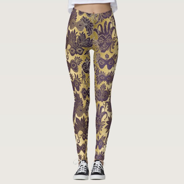 Leggings Masques Mardi Gras Gold et Purple (Devant)