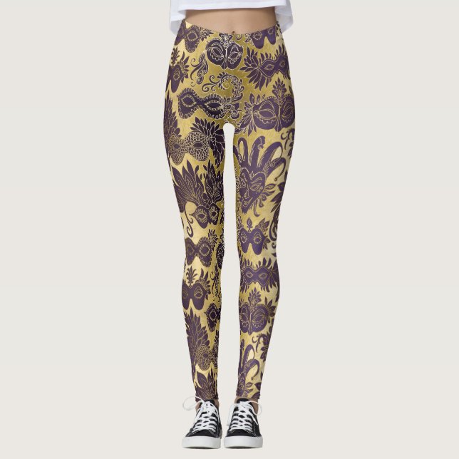 Leggings Masques Mardi Gras Gold et Purple ajustés (Devant)