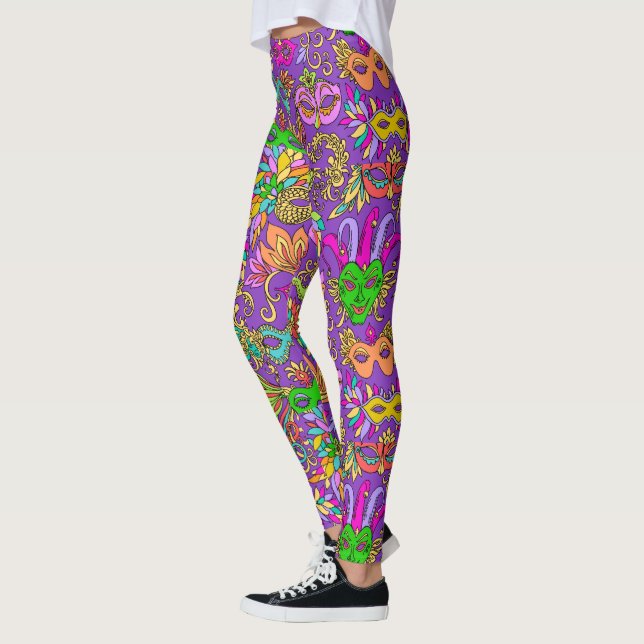 Leggings Masques Mardi Gras violet vert brillant (Gauche)