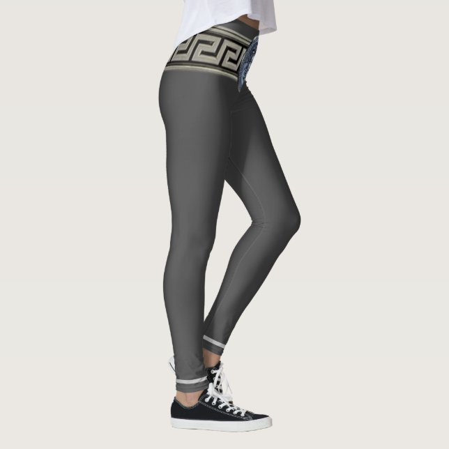 Leggings Médaillon grec de Méduse argenté sur gris élégant (Droite)