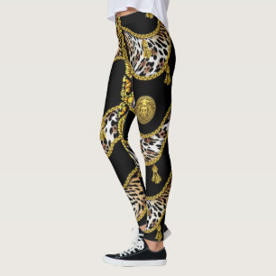 Leggings Medusa Exotica Léopard et Noir à Pompon Doré
