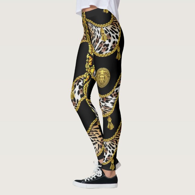 Leggings Medusa Exotica Léopard et Noir à Pompon Doré (Gauche)