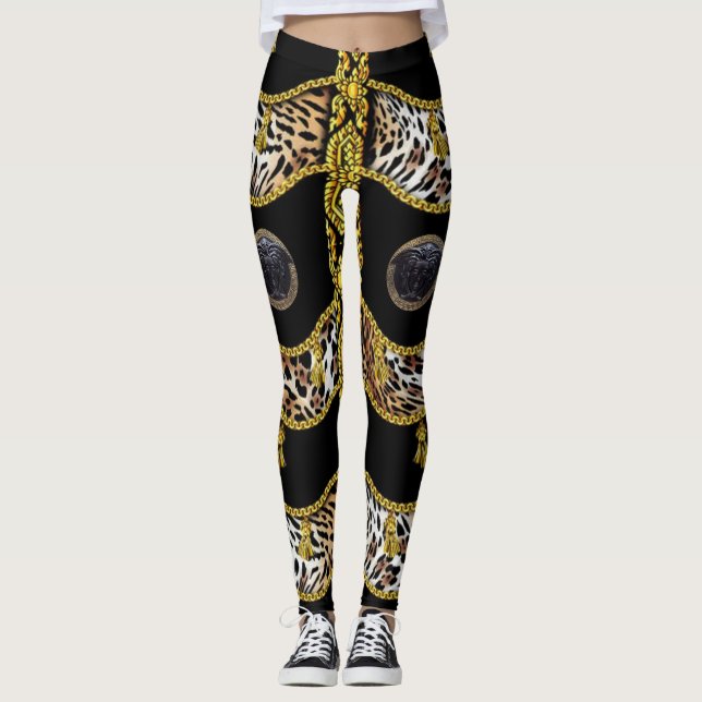 Leggings Medusa noire Léopard et Black à pompon doré (Devant)