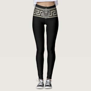 Leggings Méduse argentée et clé grecque sur fond noir