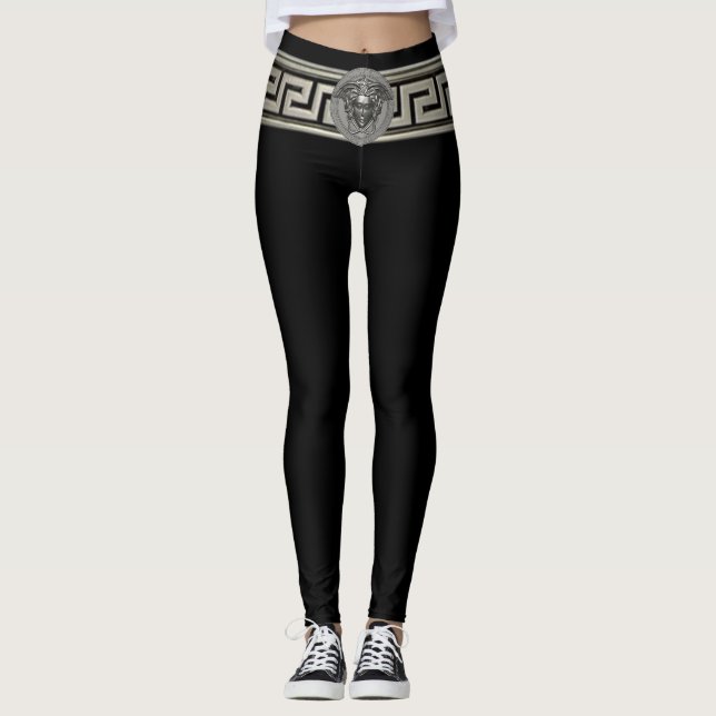 Leggings Méduse argentée et clé grecque sur fond noir (Devant)