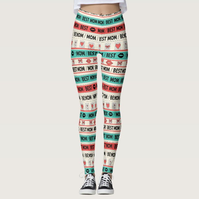 Leggings Meilleure Maman Bande Dessinée Cœurs Graphique Rét (Devant)