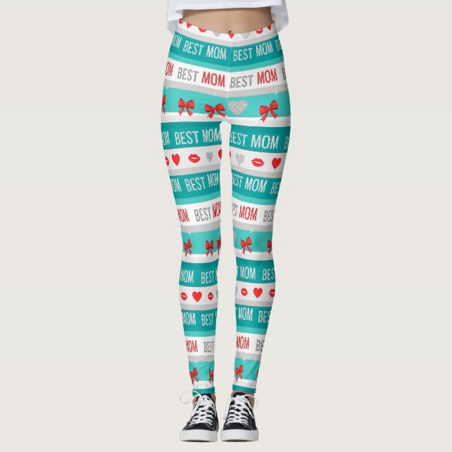 Leggings Meilleure Maman Pop Art Cœurs & Rubans Rétro (Devant)