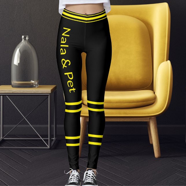 Leggings Mère de chat personnalisée Nom rayé jaune noir (Créateur téléchargé)