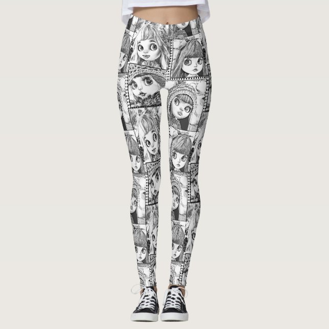 Leggings Mes poupées patchwork noires et blanches préférées (Devant)