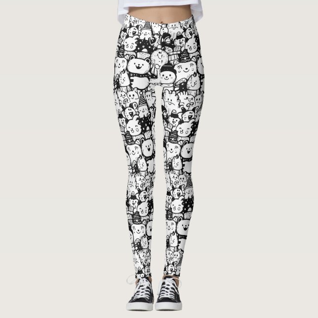 Leggings Mignon motif doodle d'animaux Kawaii (2) (Devant)