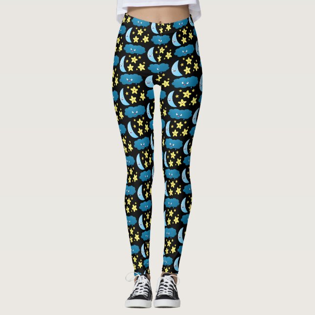 Leggings Mignons étoiles chantant, lune et bande dessinée d (Devant)