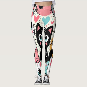 Leggings Mignons visages de chat Kawaii et cœurs fantaisist