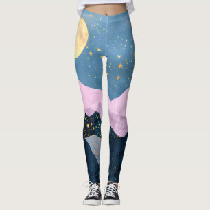 Leggings Minimaliste Lune Étoiles Céleste Montagne Vallée