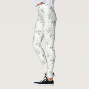 Leggings Mint Green Pastel Floral Greenery Motif