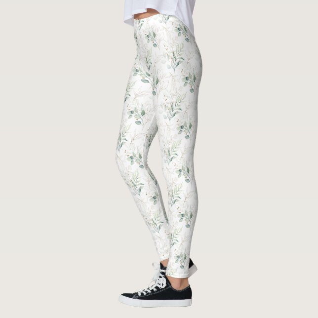 Leggings Mint Green Pastel Floral Greenery Motif (Gauche)