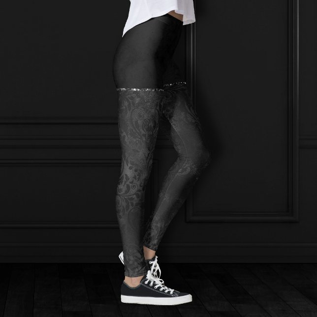 Leggings Minuit Onyx Romance | Black Satiny Grunge Damask (Créateur téléchargé)