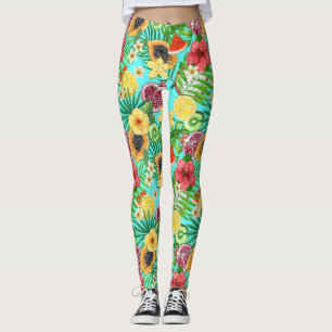 Leggings Mix-fruit tropical, fleurs et feuilles en bleu