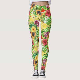 Leggings Mix-fruit tropical, fleurs et feuilles sur jaune