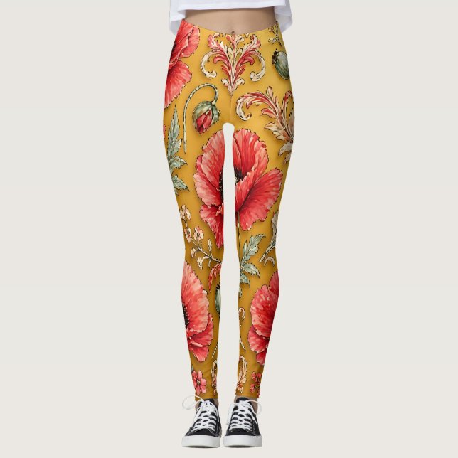 Leggings Modèle fleur de pavot doré (Devant)