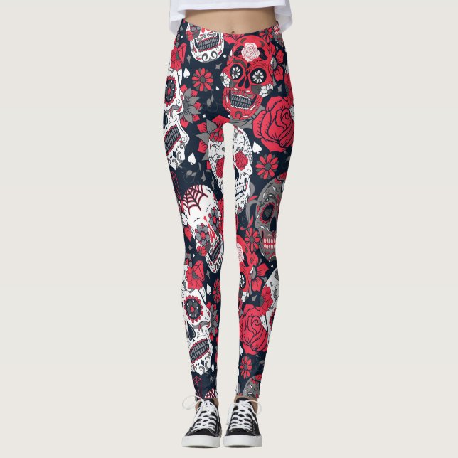 Leggings Modèle floral crâne rouge (Devant)