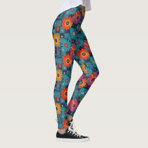 Leggings Modèle floral rétro vibrant avec Carrés Turquoises