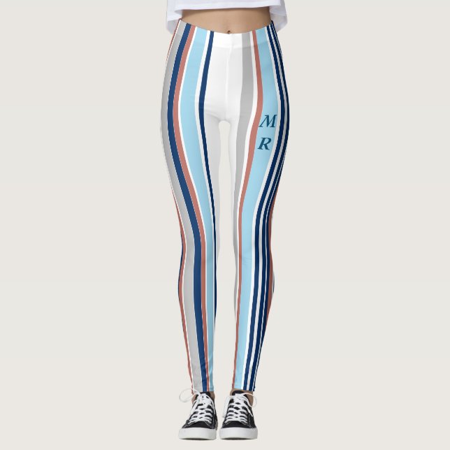 Leggings Moderne Bleu Blanc Gris Rouge Gris Monogramme (Devant)