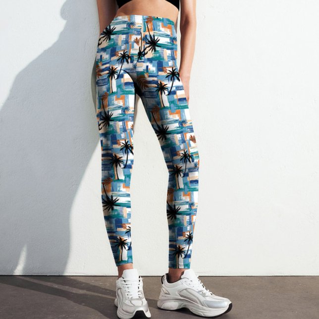 Leggings Moderne Bleu Palm Tropical Vérifié Motif Abstrait (Modern Abstract Blue Palm Checked Pattern Printed Leggings for Yoga, Fitness, & Lifestyle.)