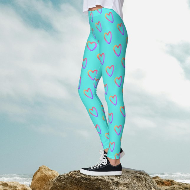 Leggings Moderne Cute Girly Turquoise Rainbow Hearts Motif (Créateur téléchargé)