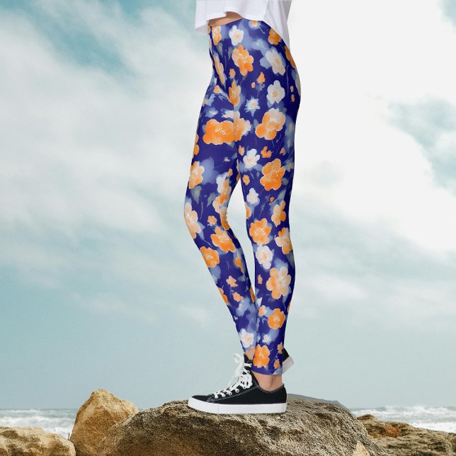 Leggings Moderne Féminin Aquarelle Florale Bleue Et Orange (Créateur téléchargé)