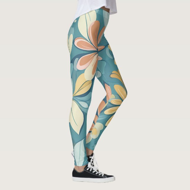 Leggings Moderne Pastel fleurs abstraites bleu beige jaune (Droite)