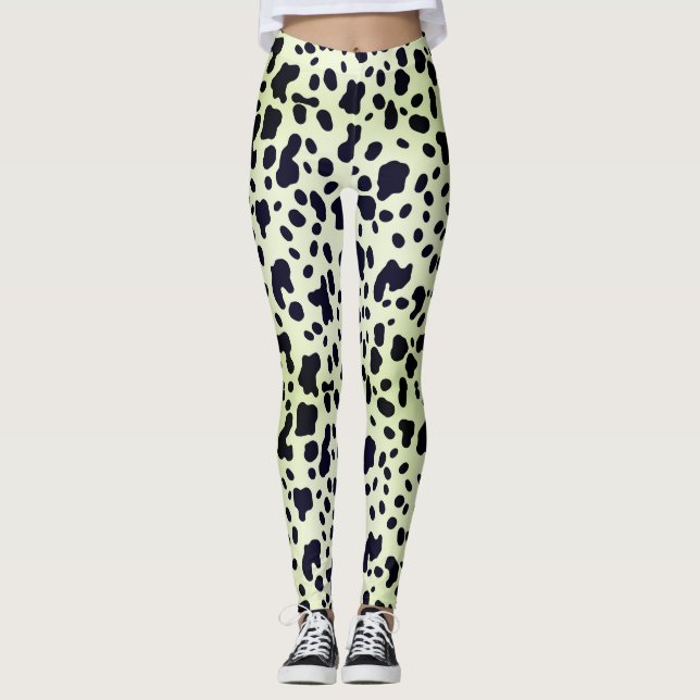 Leggings Moderne Pastel Green Black Cow Spots de peau Motif (Devant)
