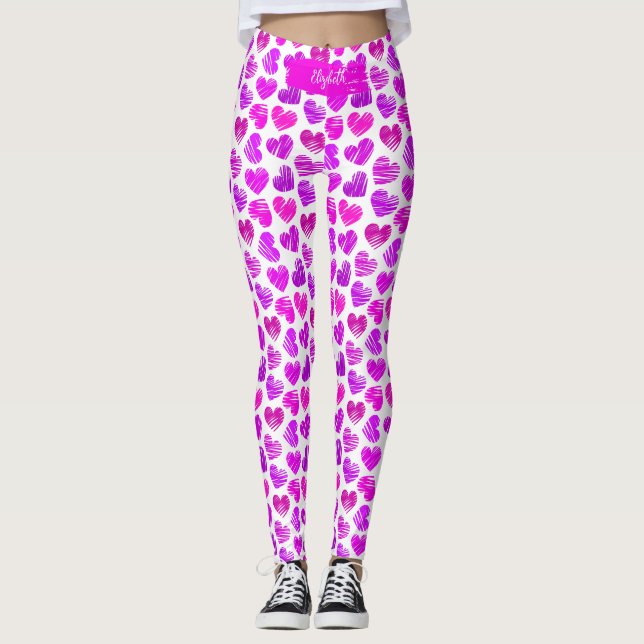 Leggings Moderne Purple Rose Doodled Hearts Valentine Nom (Devant)