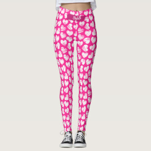 Leggings Moderne rose et blanc Doodled Heart Valentine Nom