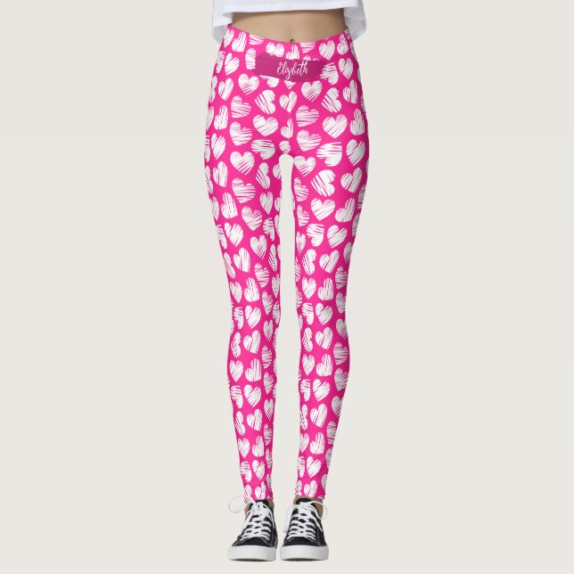 Leggings Moderne rose et blanc Doodled Heart Valentine Nom (Devant)
